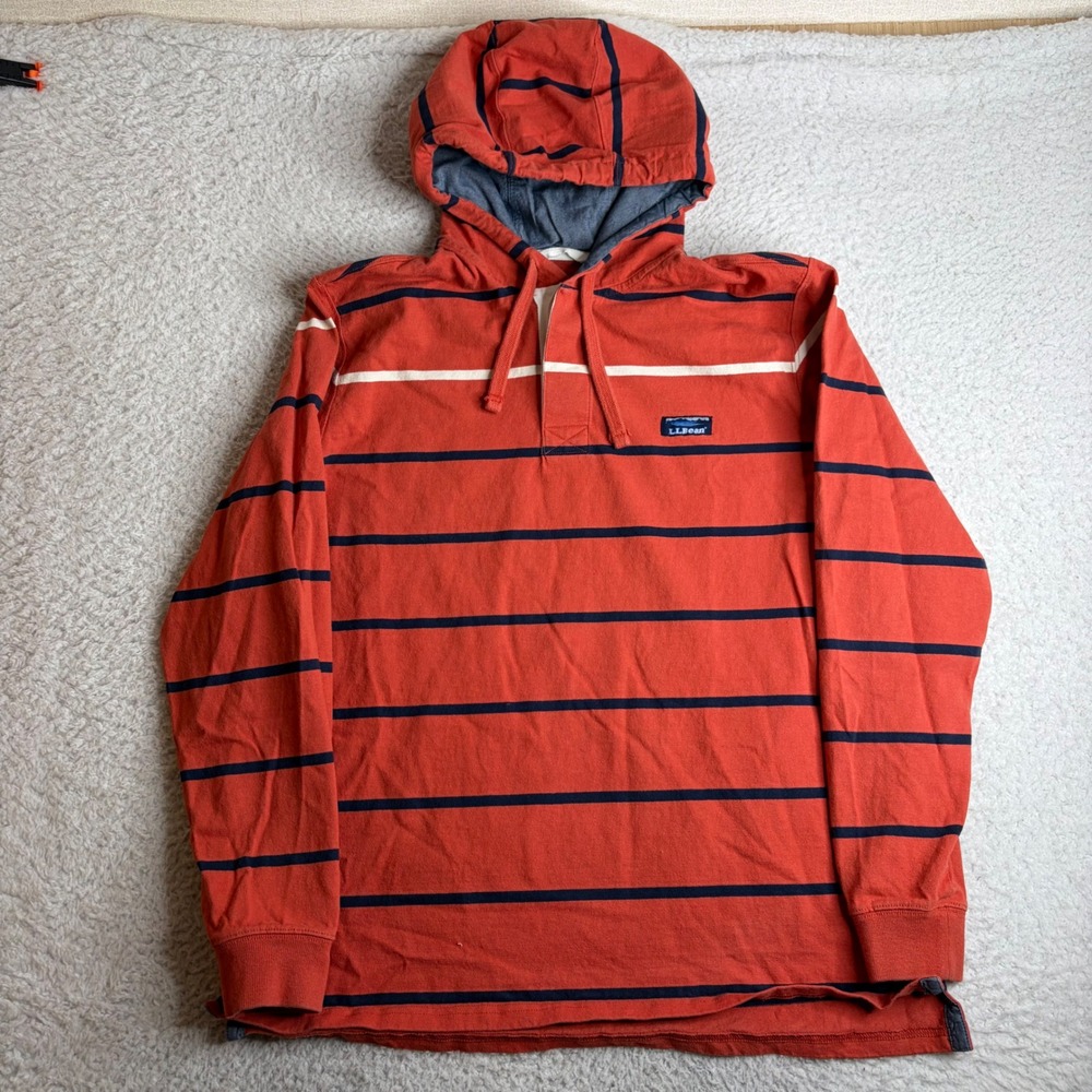 LL Bean Mens Hooded Rugby Shirt Orange Navy Blue Striped Cotton Jersey Large L